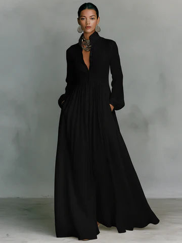 Vestido largo de lino con retazos y cuello mao
