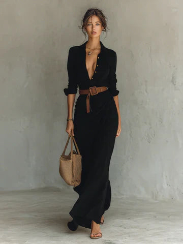 Vestido largo con cuello de solapa y manga larga