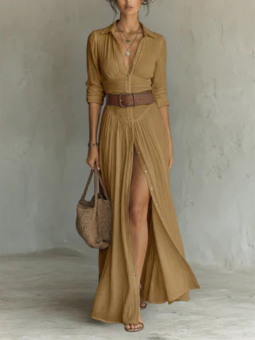 Vestido largo de lino con cuello de solapa con muesca y mangas largas.