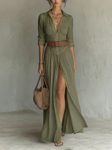 Vestido largo de lino con cuello de solapa con muesca y mangas largas.