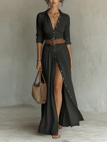 Vestido largo de lino con cuello de solapa con muesca y mangas largas.