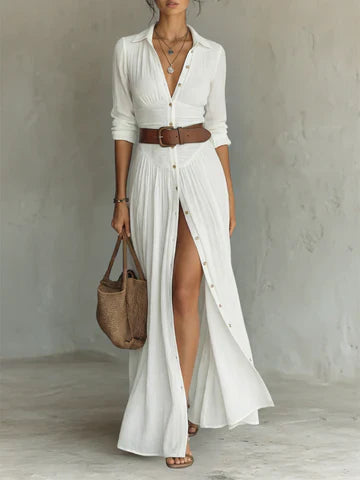 Vestido largo de lino con cuello de solapa con muesca y mangas largas.