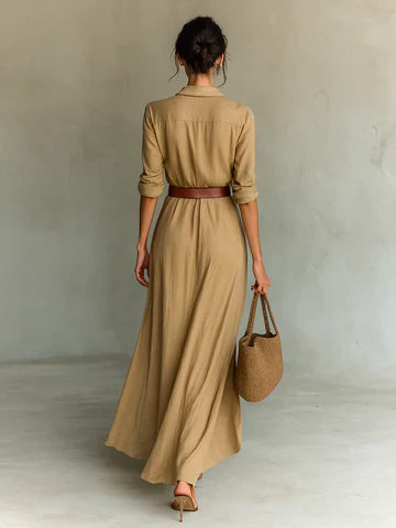 Vestido largo con cuello de solapa y manga larga